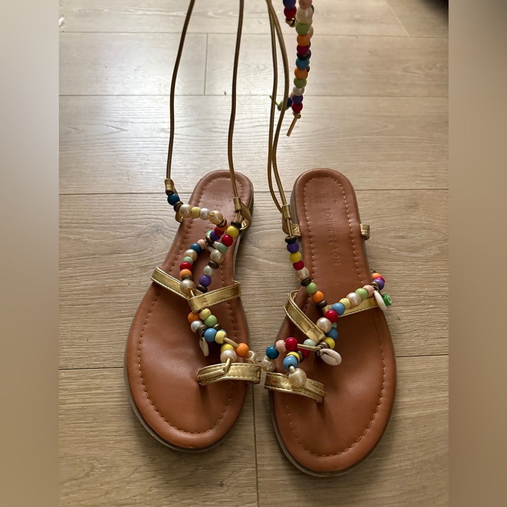 Colorful Beaded Gold Strap Women's Flats